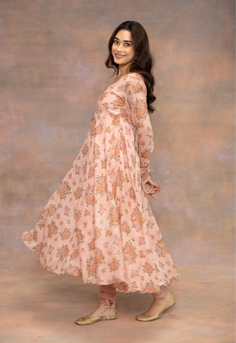 Rozhira Pink Sanganeri Chanderi Silk A Line Kurta with Hand Embroidery