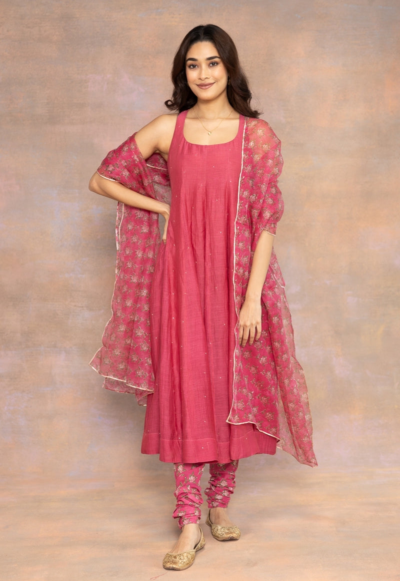 Gul Pink Solid Chanderi Silk Kali Kurta with Mukaish Detailing