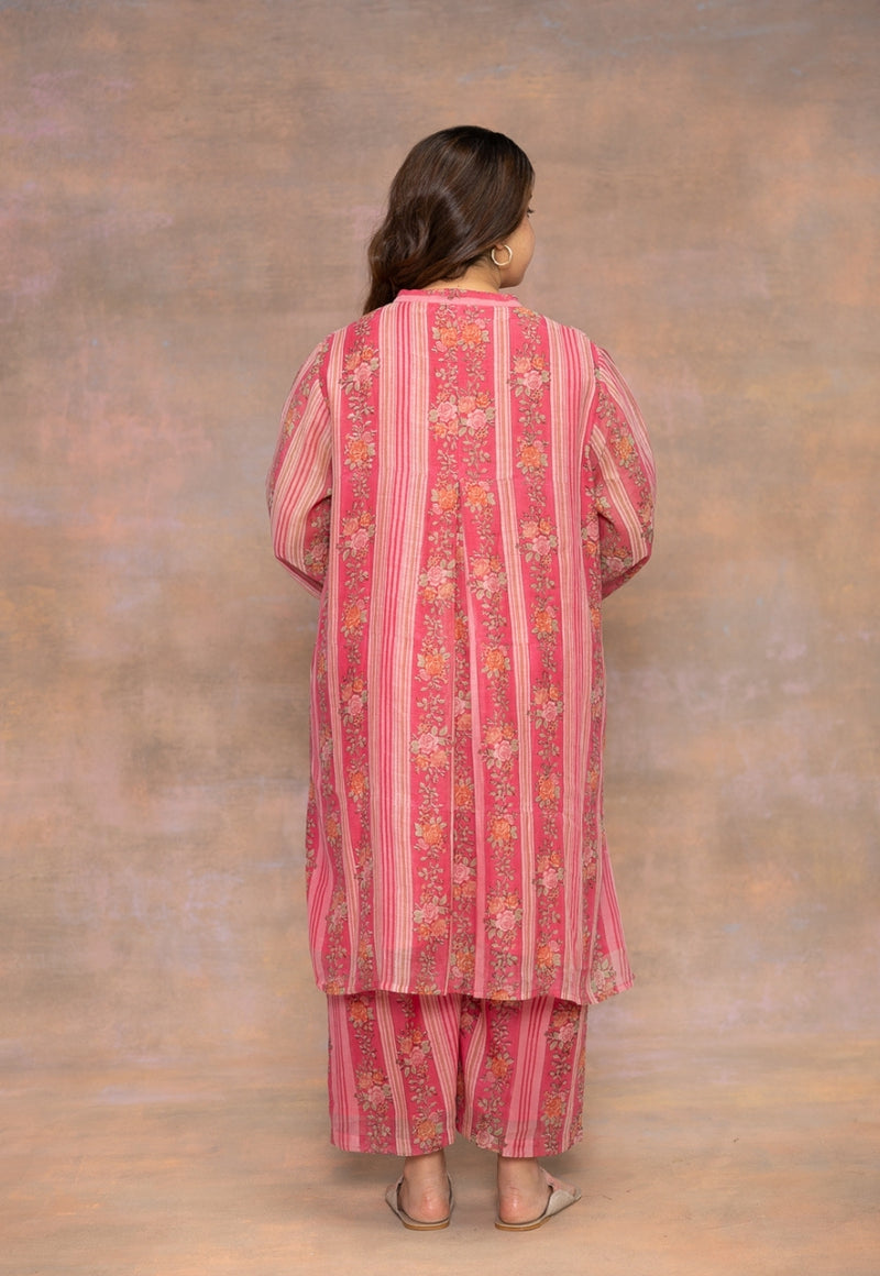 Rooz Pink Sanganeri Chanderi Silk Straight Kurta with Lace Detailing