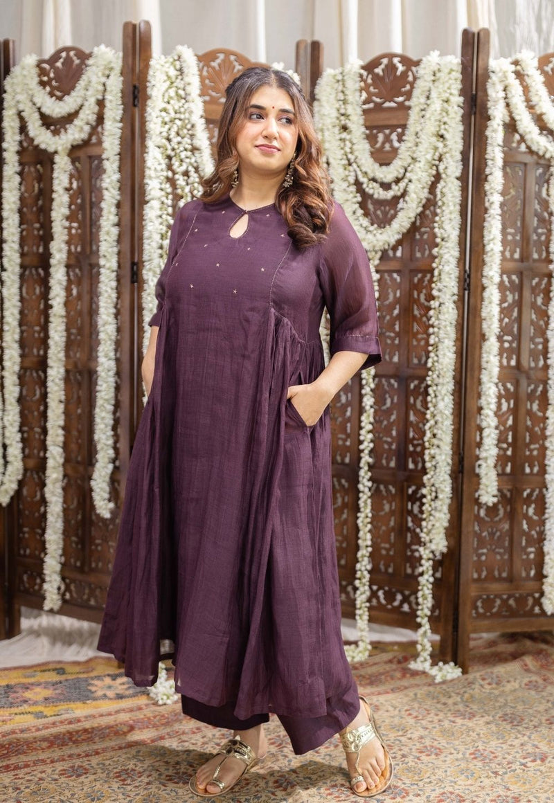 Odika Purple Chanderi Silk A Line Hand Embroidered Kurta Set (Set of 3)