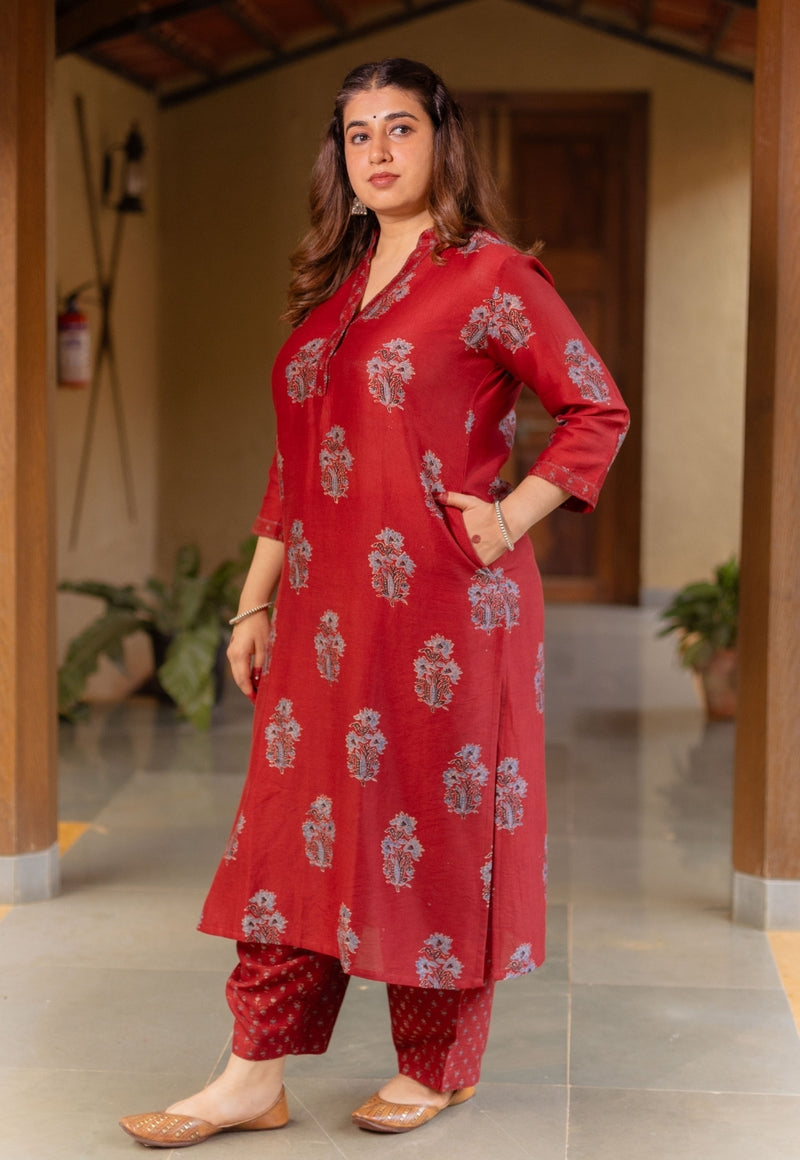 Aarohi Madder Ajrakh Chanderi Silk Straight Kurta with Hand Embroidery