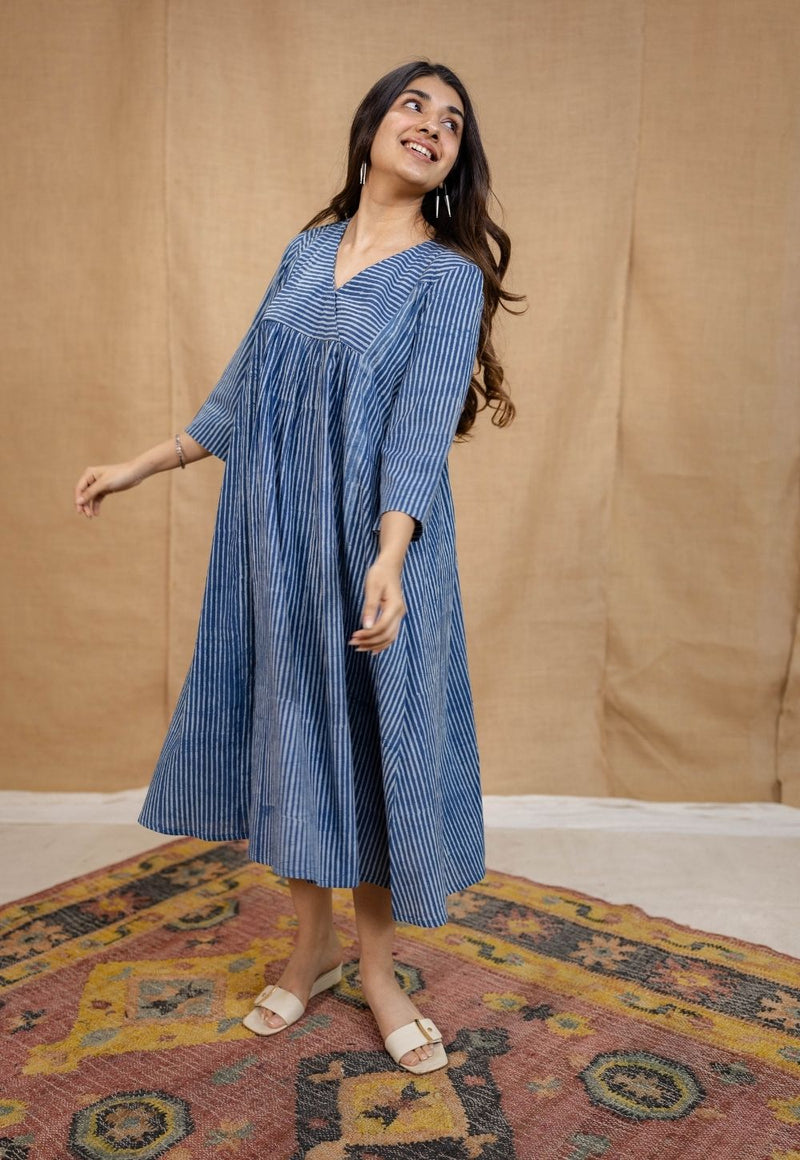 Diya Indigo Dabu Cotton A Line Dress