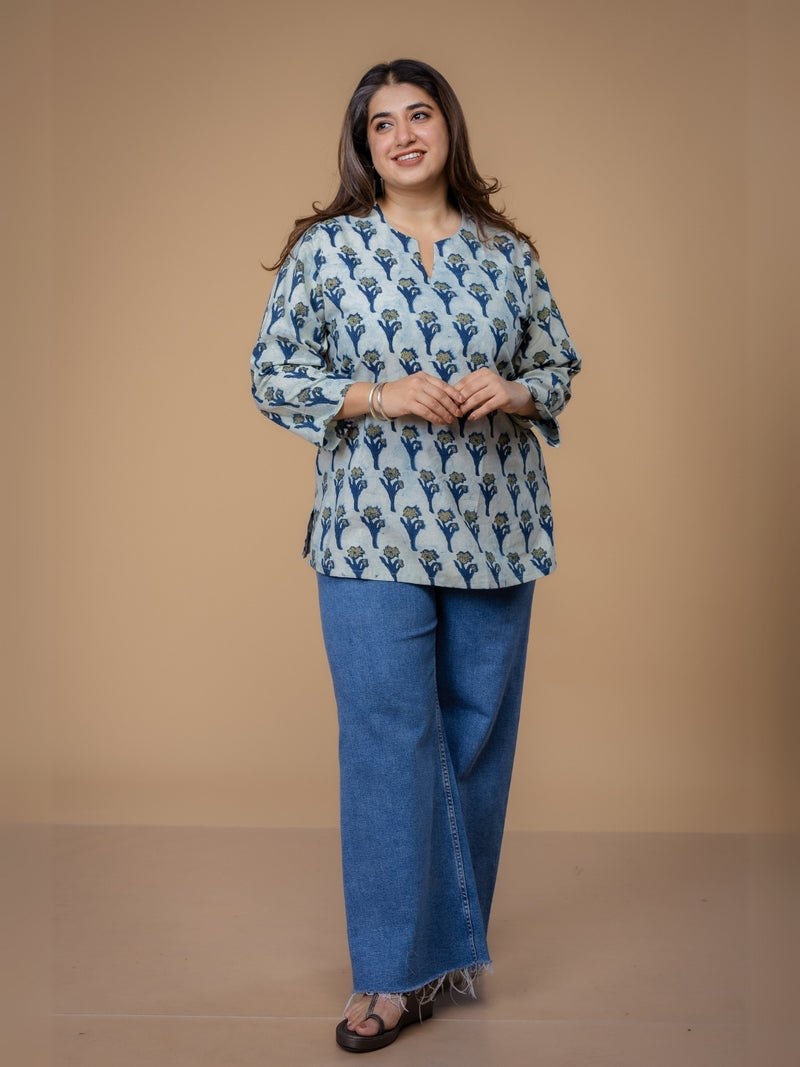 Navya Blue Ajrakh Cotton Straight Short Top