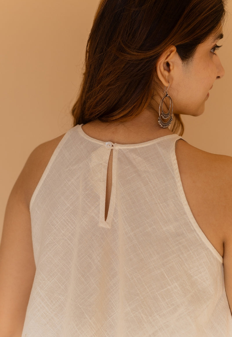 Parveen Off White Solid Slub Cotton A Line Short Top