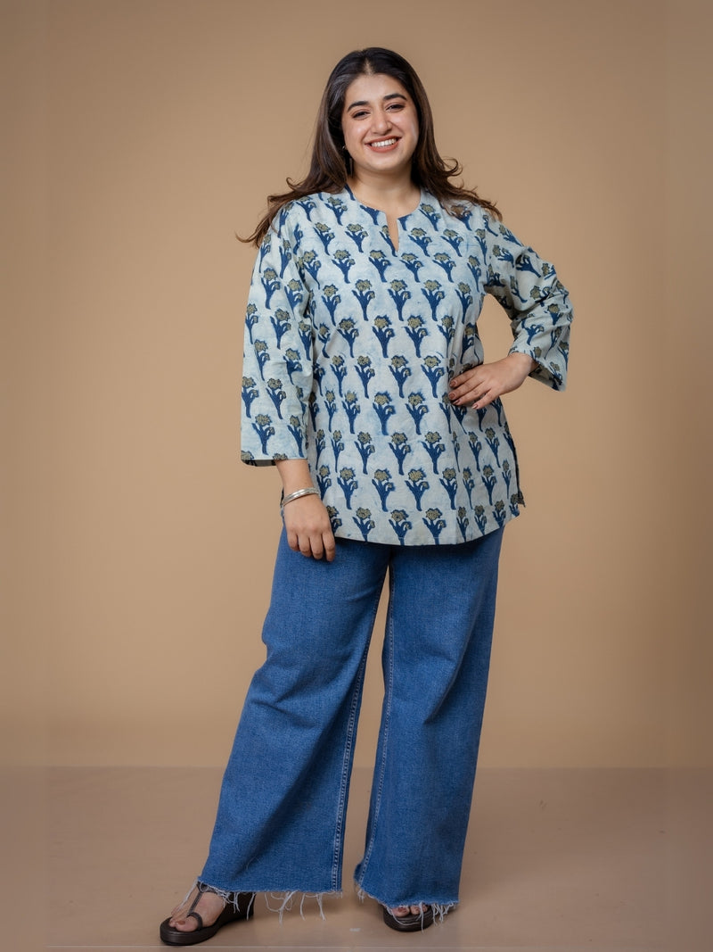Navya Blue Ajrakh Cotton Straight Short Top