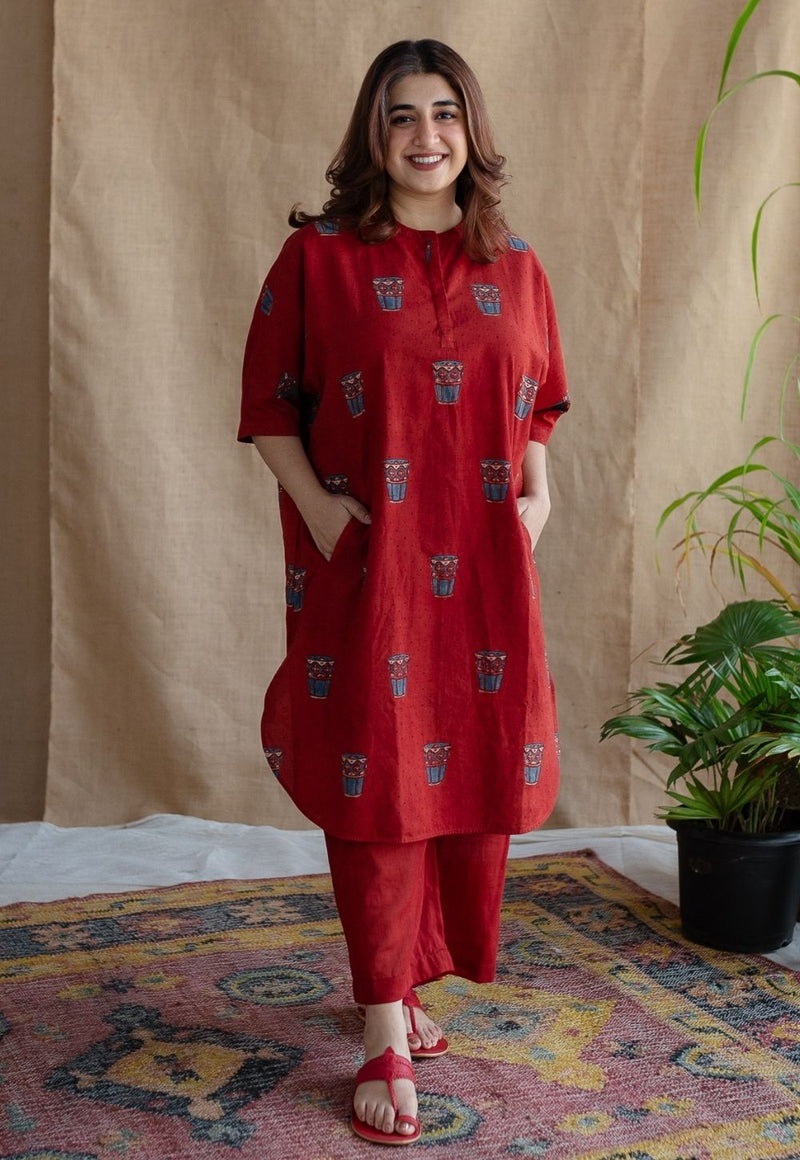 Irani Chai Red Ajrakh Cotton Straight Kurta