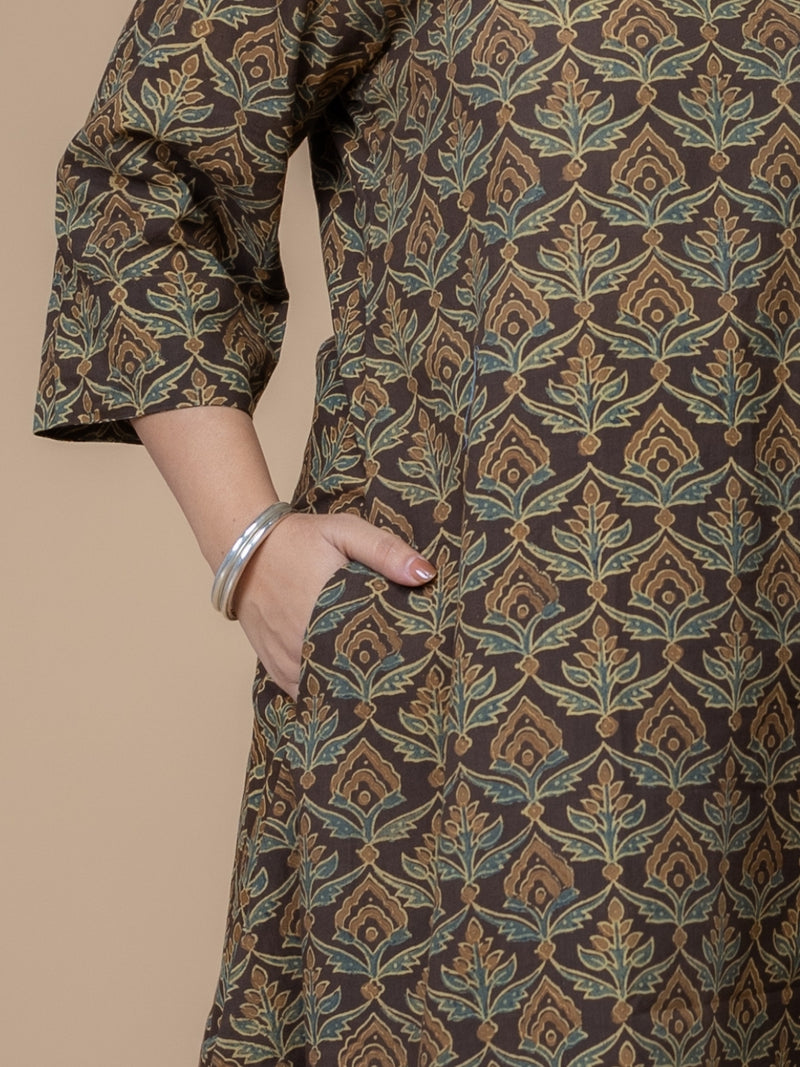 Daksha Brown Ajrakh Cotton A Line Kurta