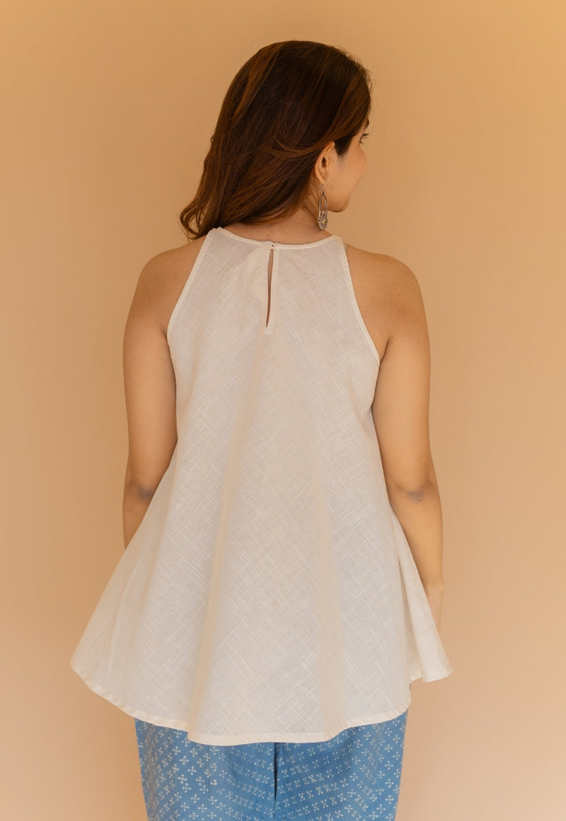 Parveen Off White Solid Slub Cotton A Line Short Top