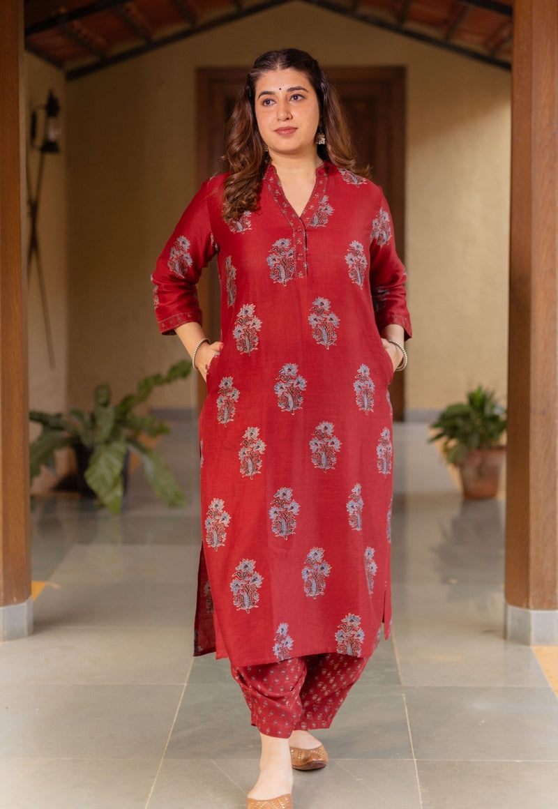 Aarohi Madder Ajrakh Chanderi Silk Straight Kurta with Hand Embroidery