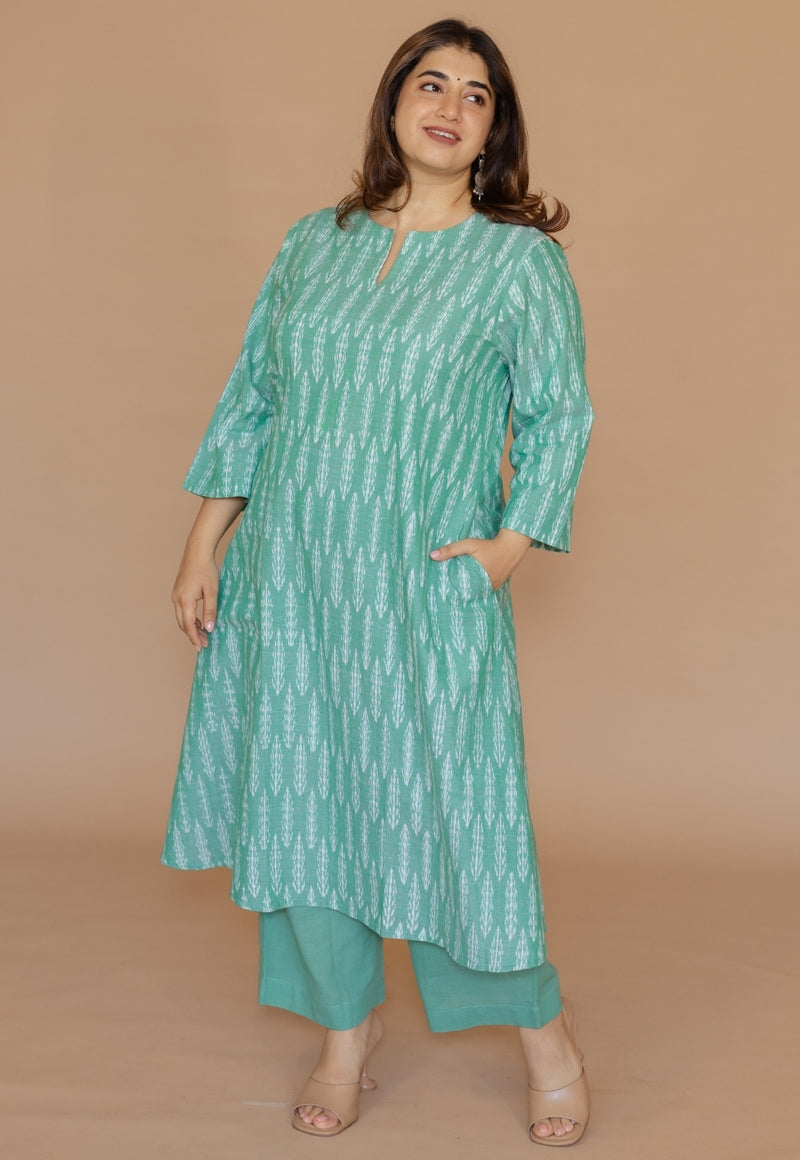 Geet Green Handloom Ikkat Cotton A Line Kurta