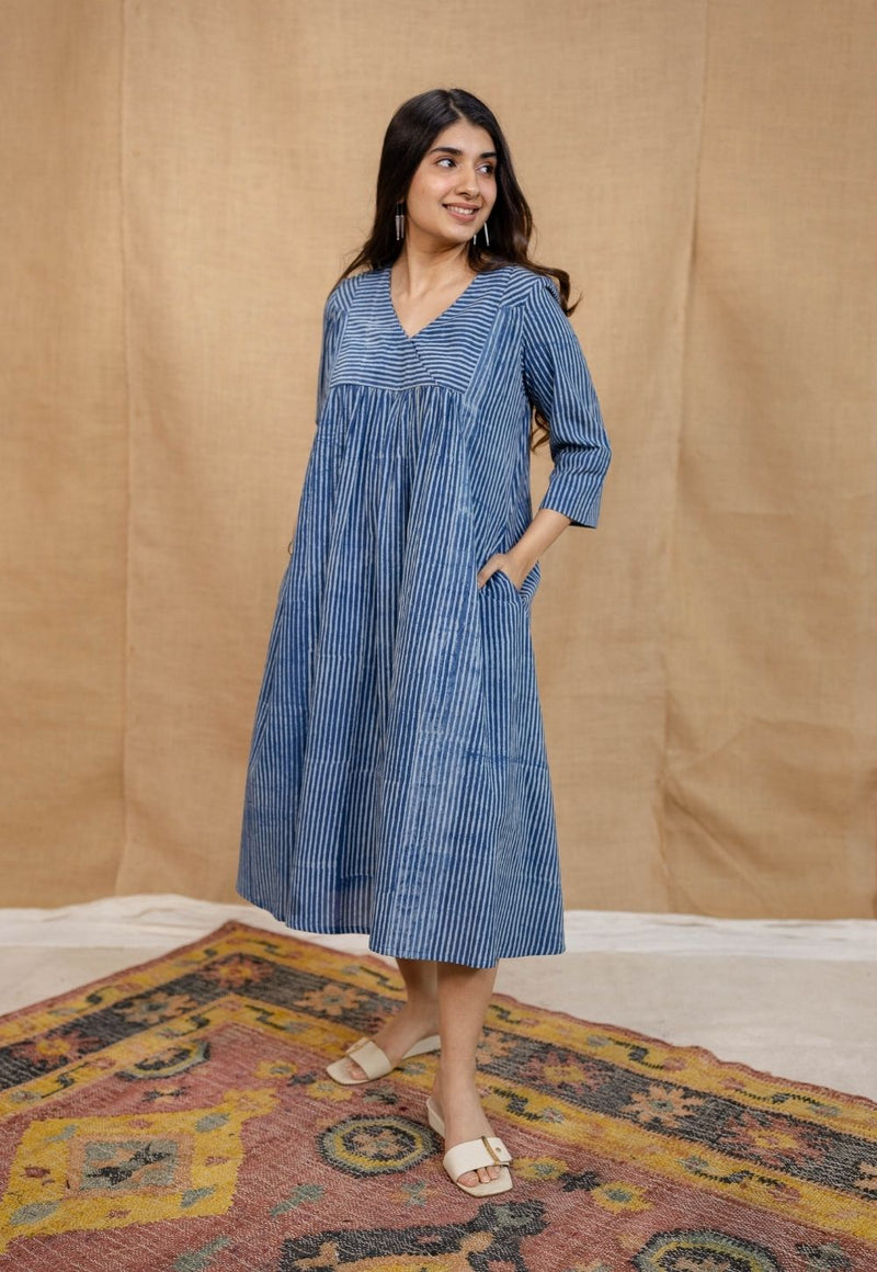 Diya Indigo Dabu Cotton A Line Dress