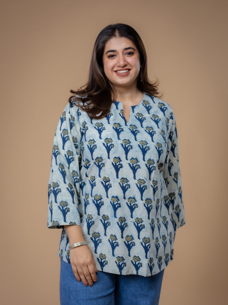 Navya Blue Ajrakh Cotton Straight Short Top