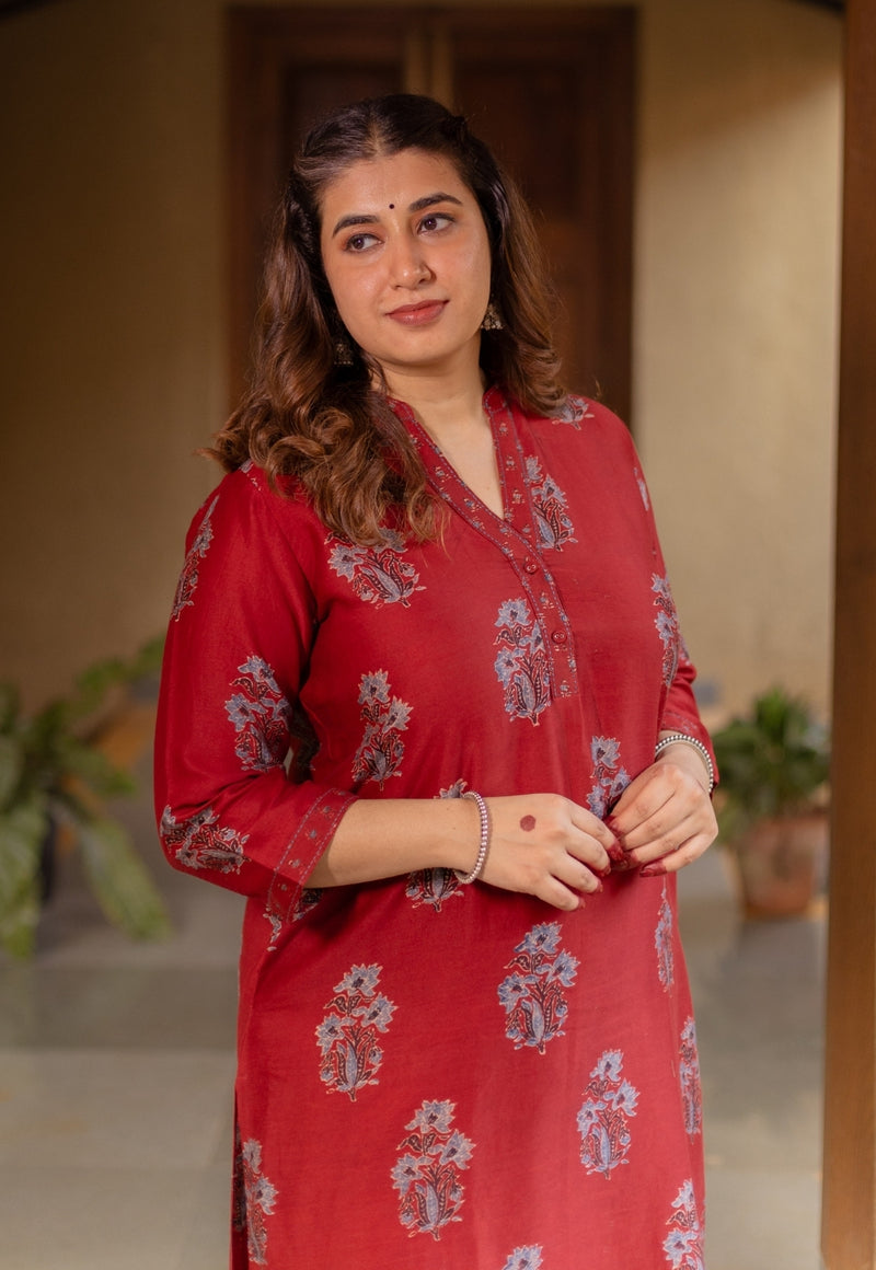 Aarohi Madder Ajrakh Chanderi Silk Straight Kurta with Hand Embroidery