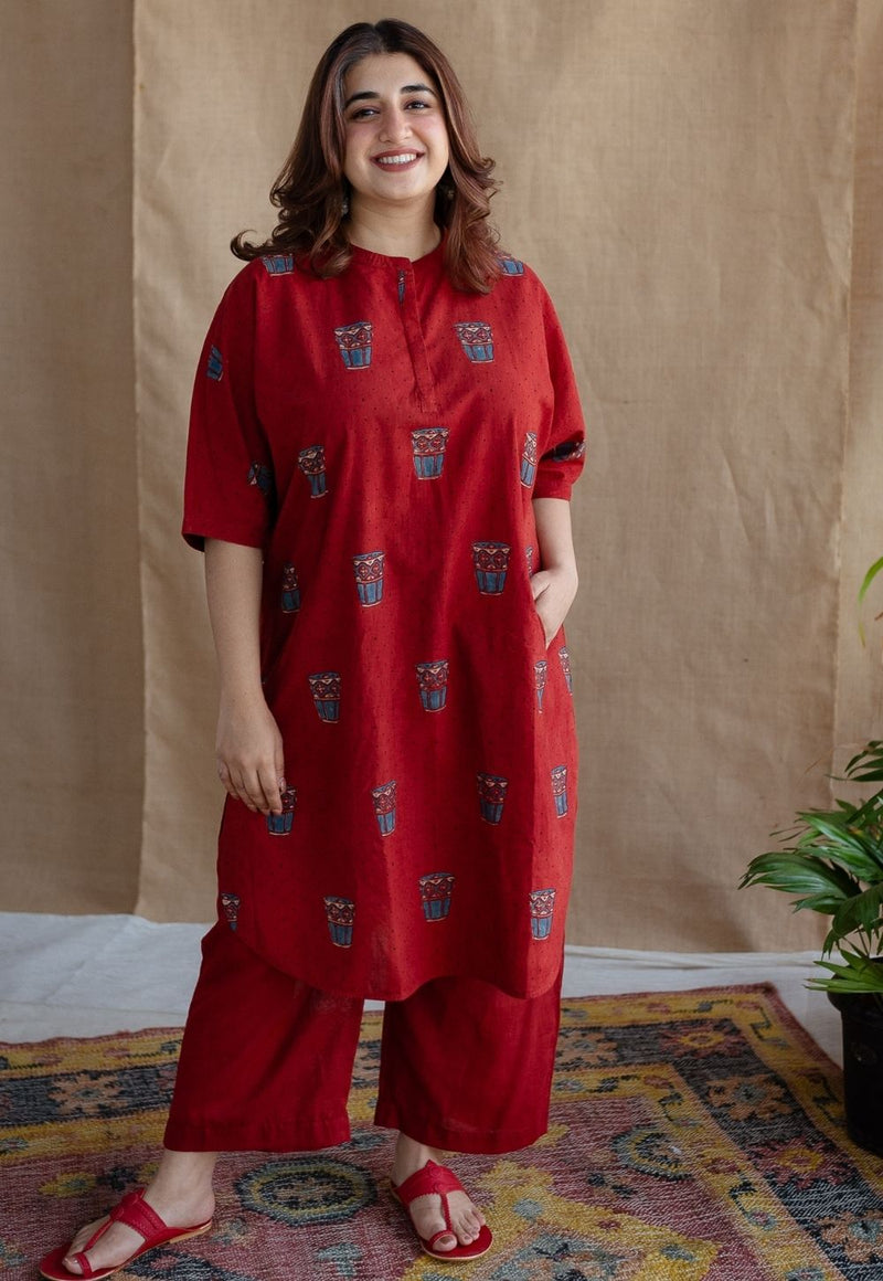 Irani Chai Red Ajrakh Cotton Straight Kurta