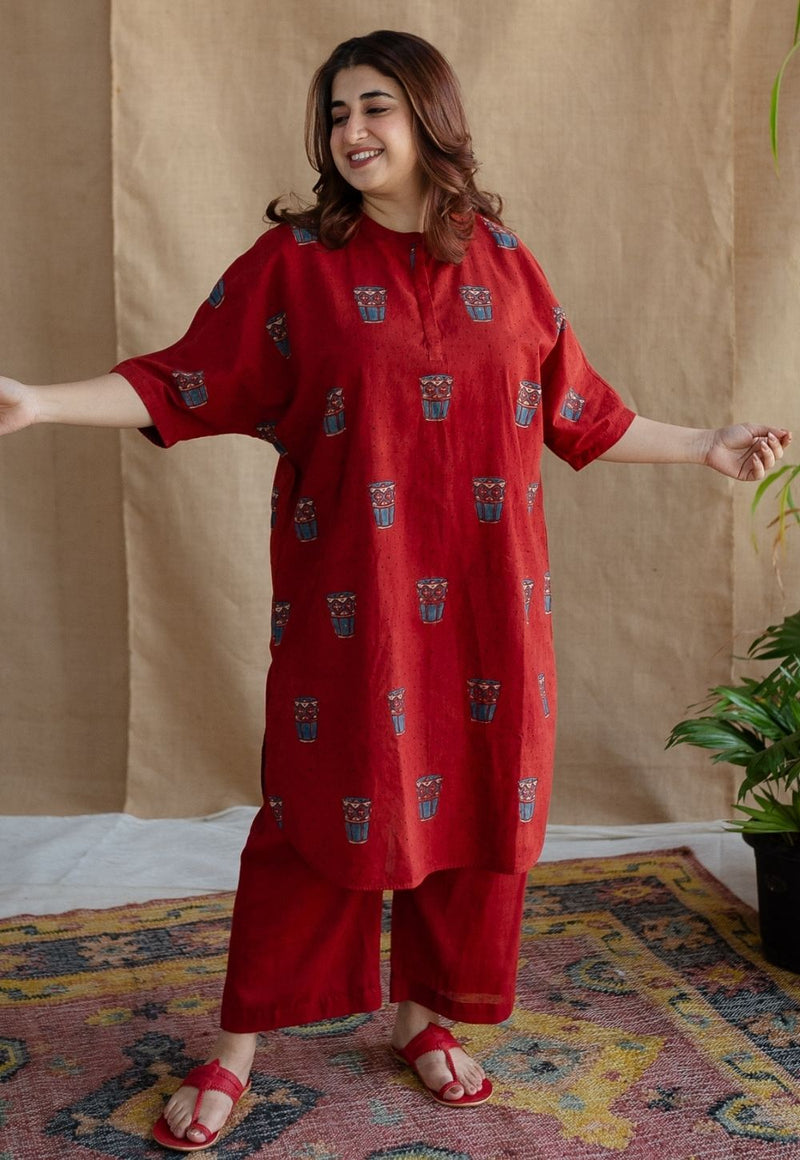 Irani Chai Red Ajrakh Cotton Straight Kurta