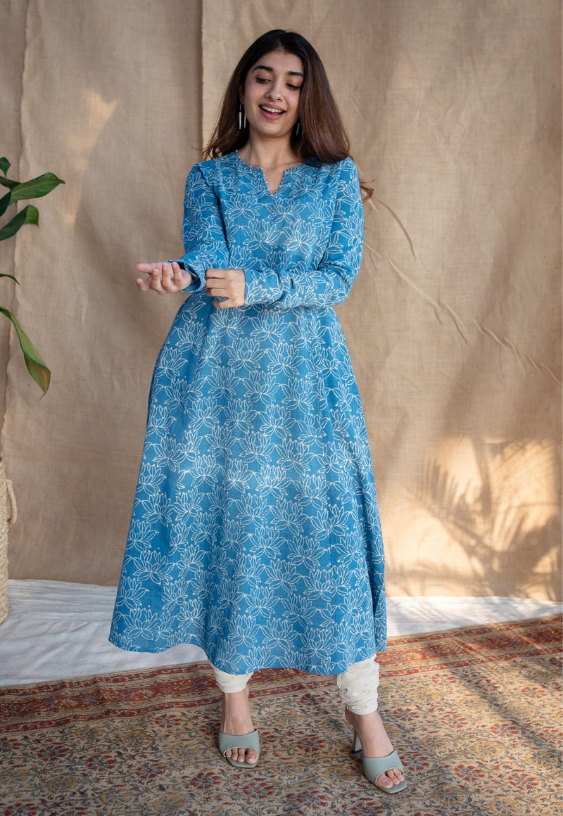 Kaya Blue Kali Dabu Slub Cotton Kurta with Hand Embroidery