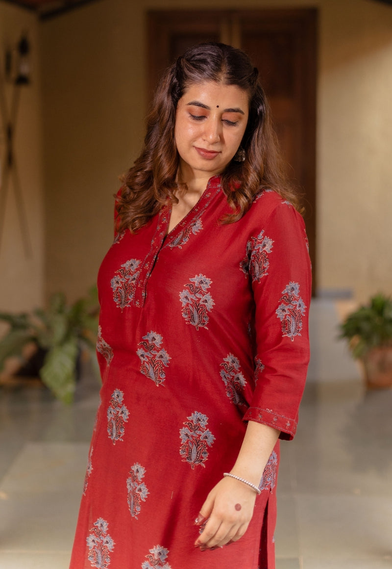 Aarohi Madder Ajrakh Chanderi Silk Straight Kurta with Hand Embroidery