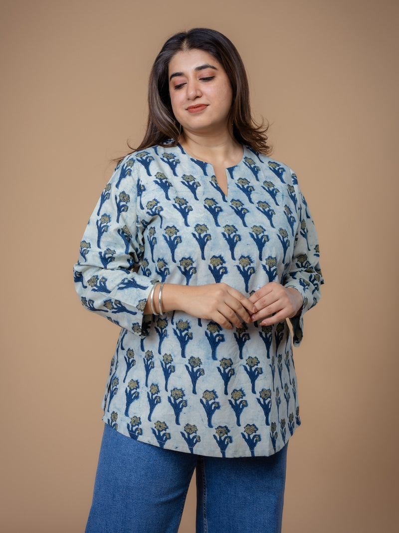 Navya Blue Ajrakh Cotton Straight Short Top