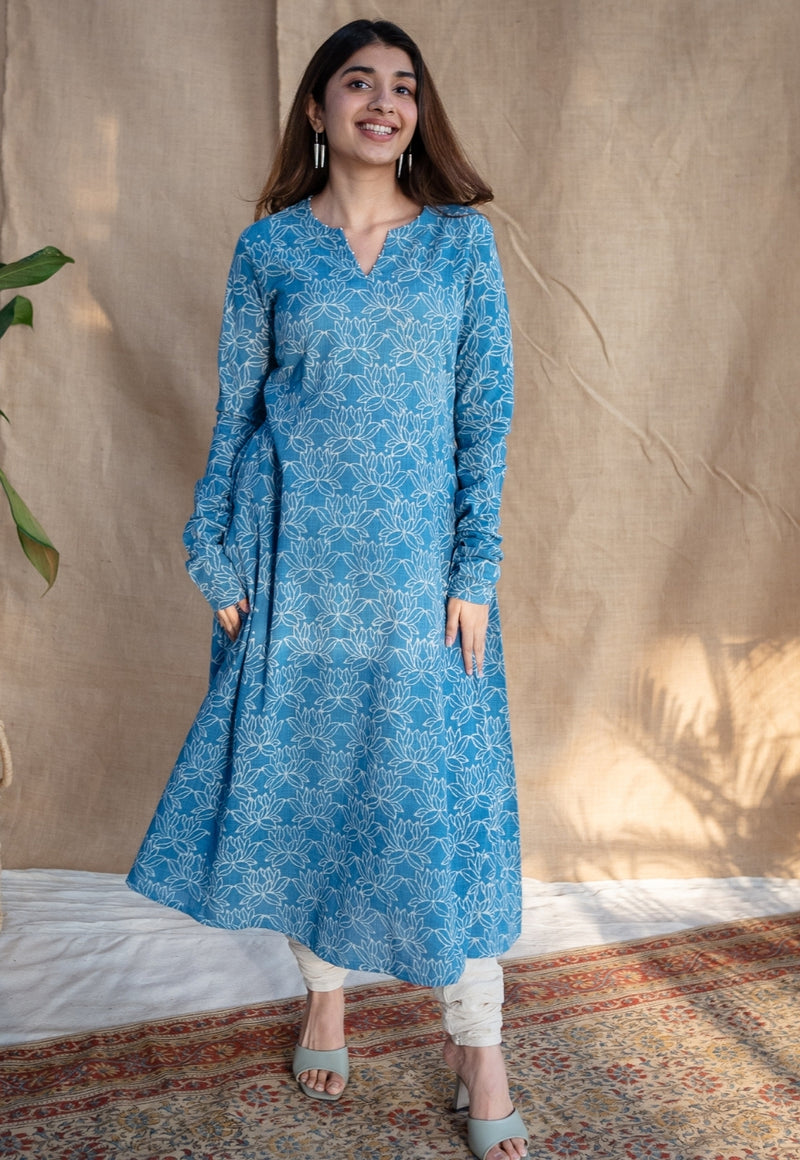 Kaya Blue Kali Dabu Slub Cotton Kurta with Hand Embroidery