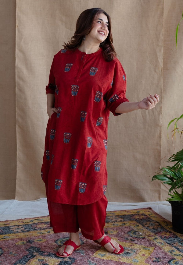 Irani Chai Red Ajrakh Cotton Straight Kurta