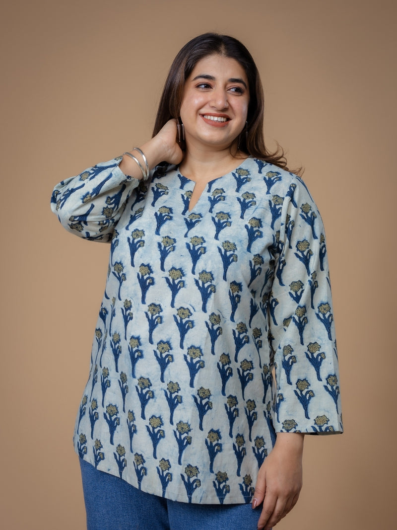 Navya Blue Ajrakh Cotton Straight Short Top