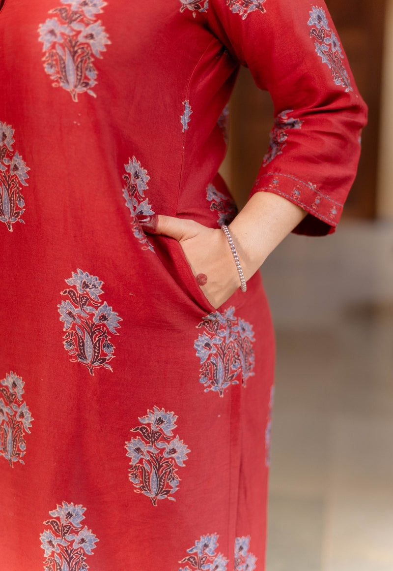 Aarohi Madder Ajrakh Chanderi Silk Straight Kurta with Hand Embroidery