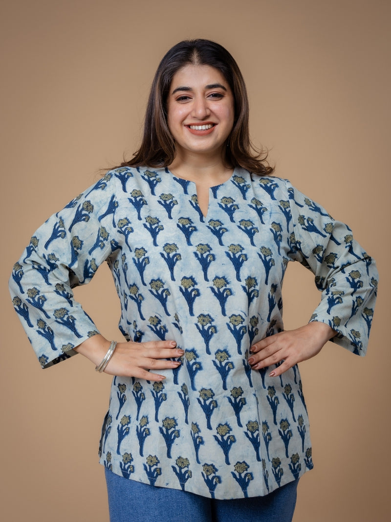 Navya Blue Ajrakh Cotton Straight Short Top
