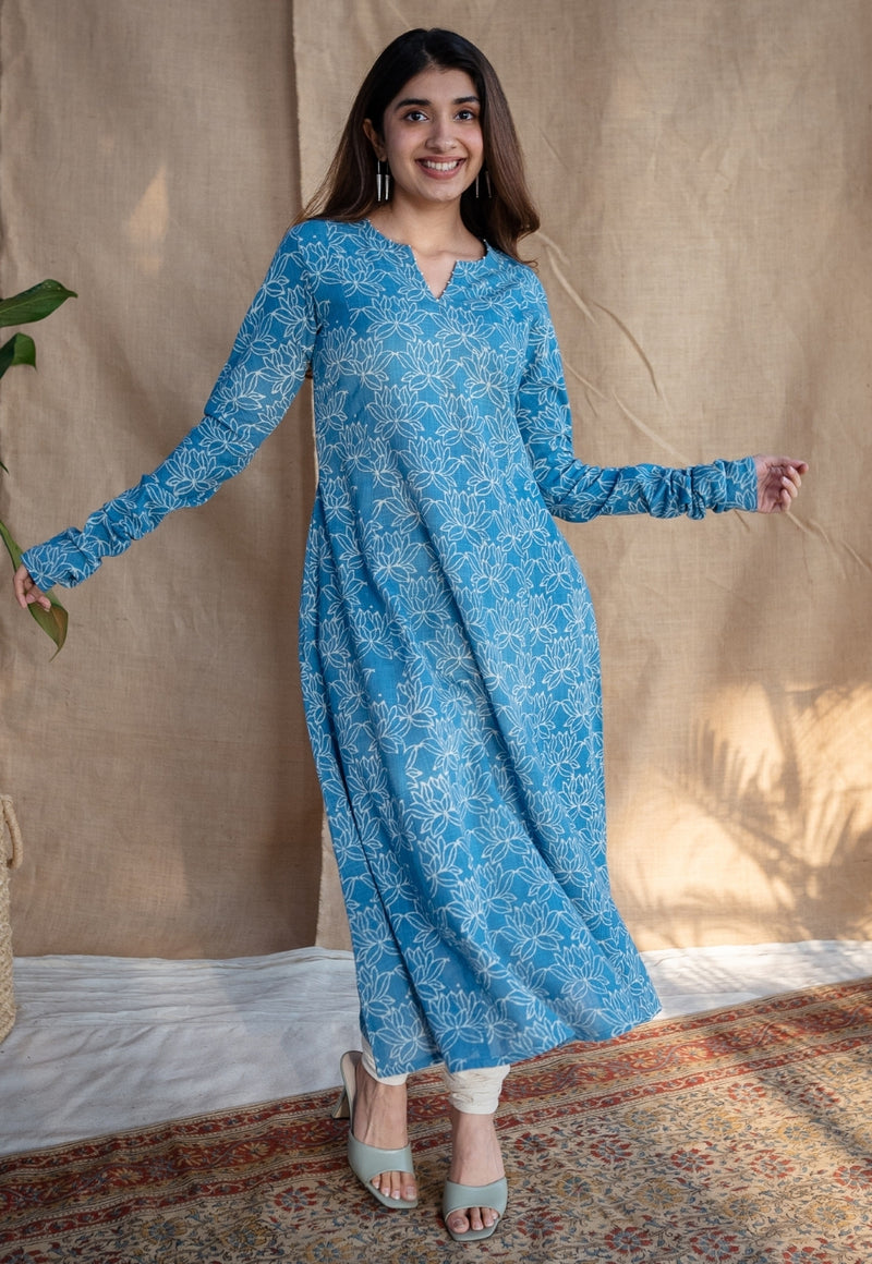 Kaya Blue Kali Dabu Slub Cotton Kurta with Hand Embroidery