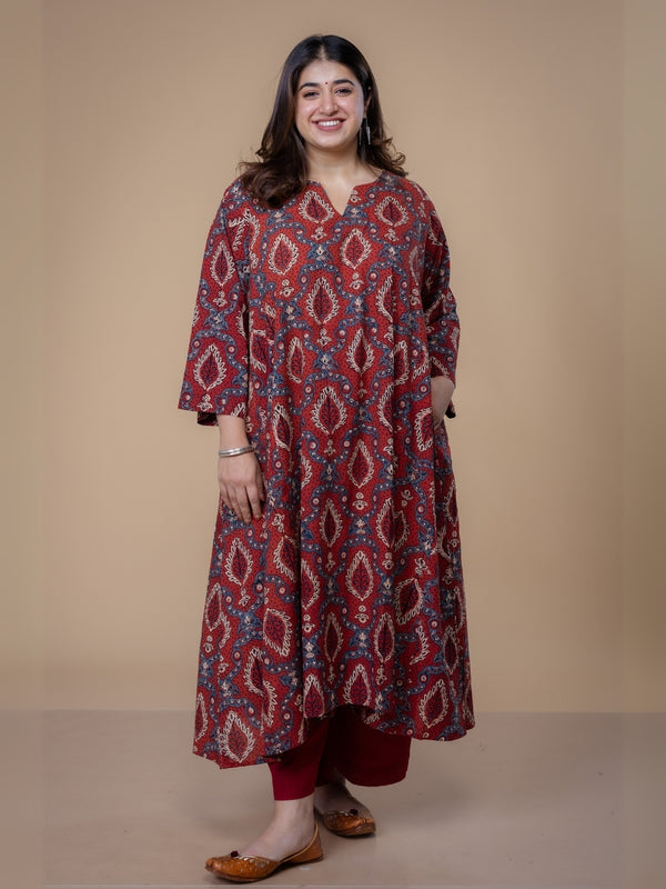Aashi Red Ajrakh Cotton Jhabba Kali Kurta