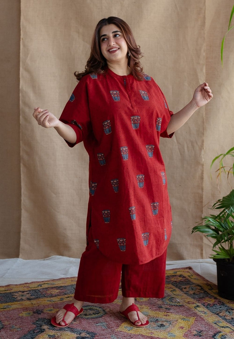 Irani Chai Red Ajrakh Cotton Straight Kurta