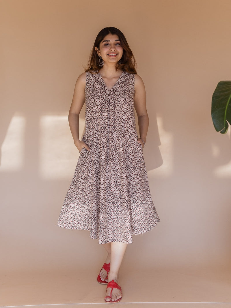 Vamika Off White Bagru Cotton A Line Dress