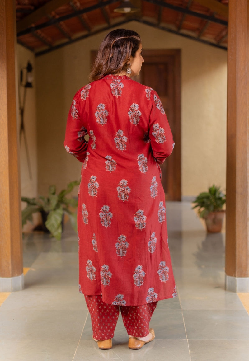 Aarohi Madder Ajrakh Chanderi Silk Straight Kurta with Hand Embroidery