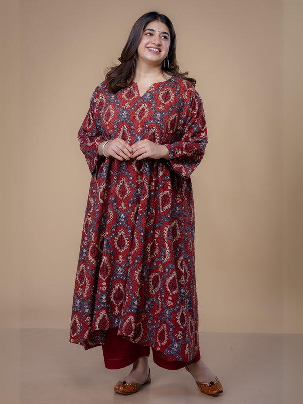 Aashi Red Ajrakh Cotton Jhabba Kali Kurta