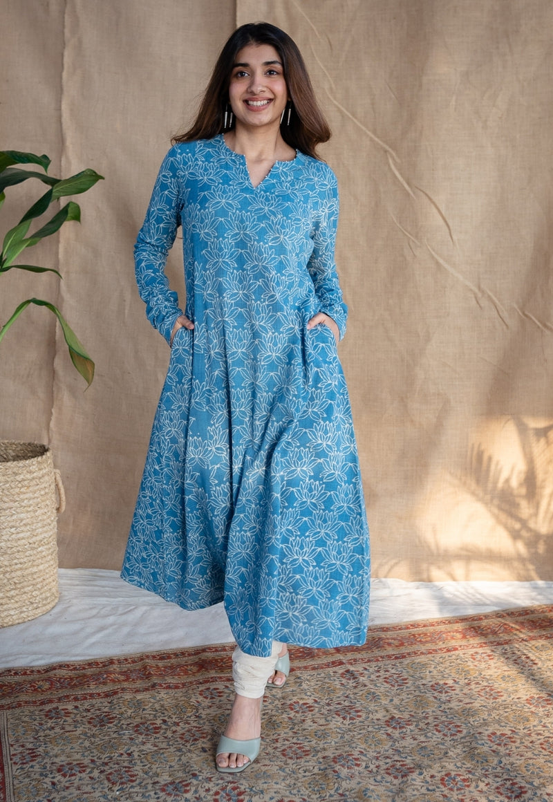 Kaya Blue Kali Dabu Slub Cotton Kurta with Hand Embroidery