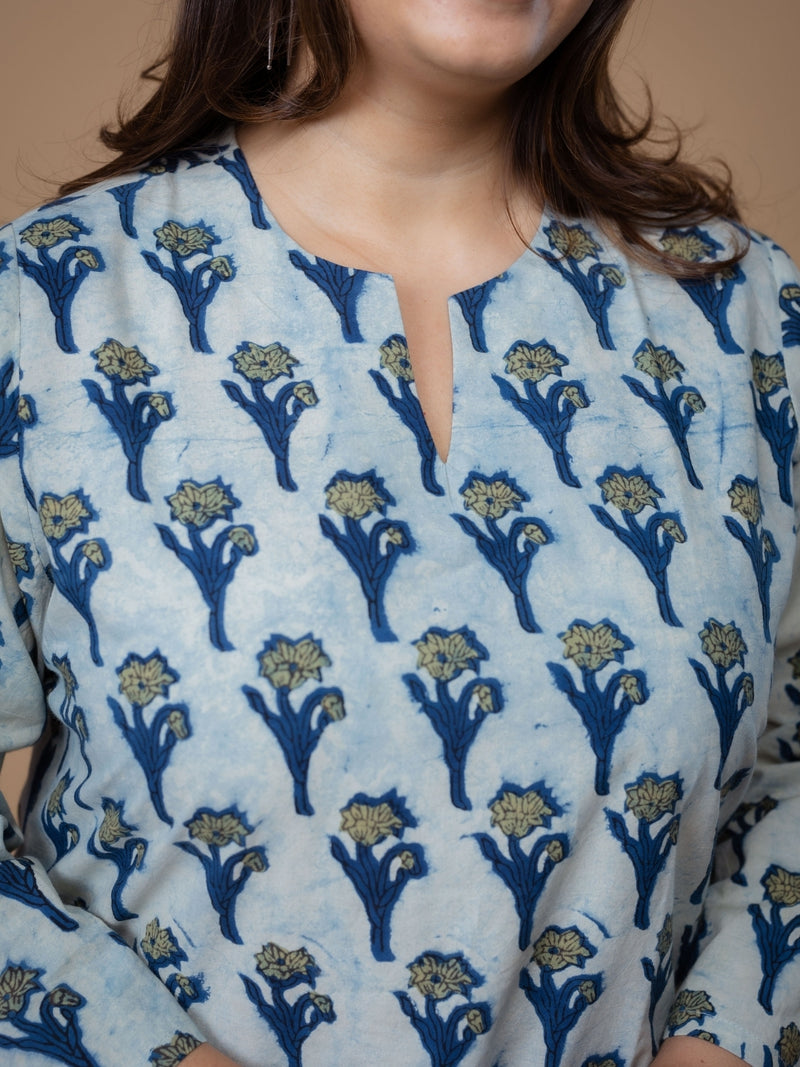 Navya Blue Ajrakh Cotton Straight Short Top