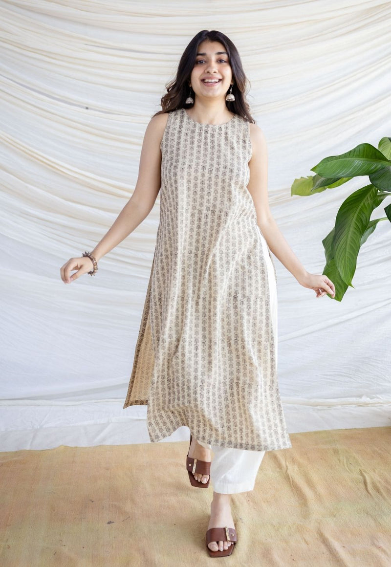 Lia Beige Bagru Handwoven Cotton Straight Kurta