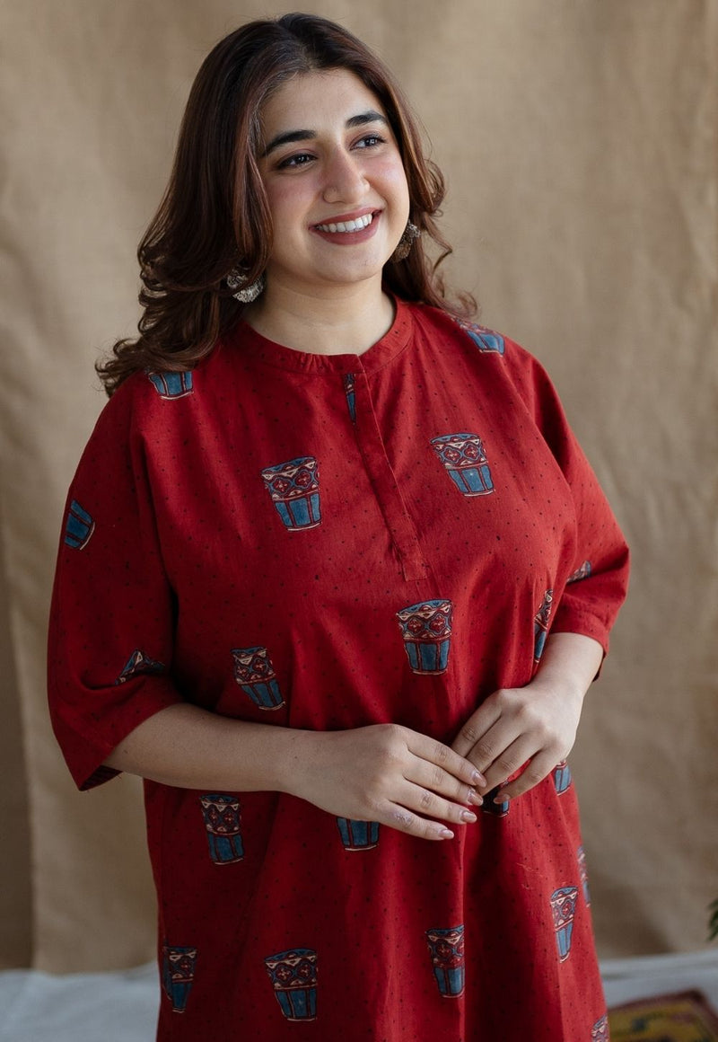 Irani Chai Red Ajrakh Cotton Straight Kurta