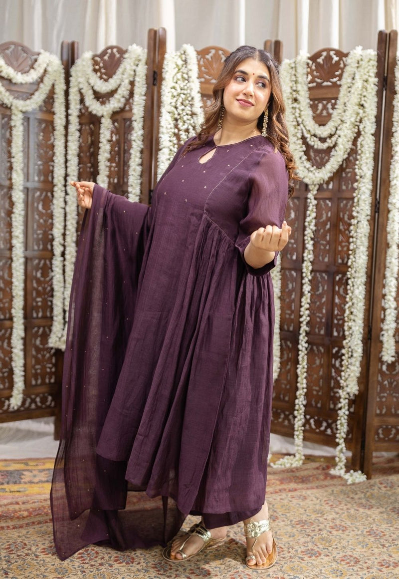 Odika Purple Chanderi Silk A Line Hand Embroidered Kurta Set (Set of 3)