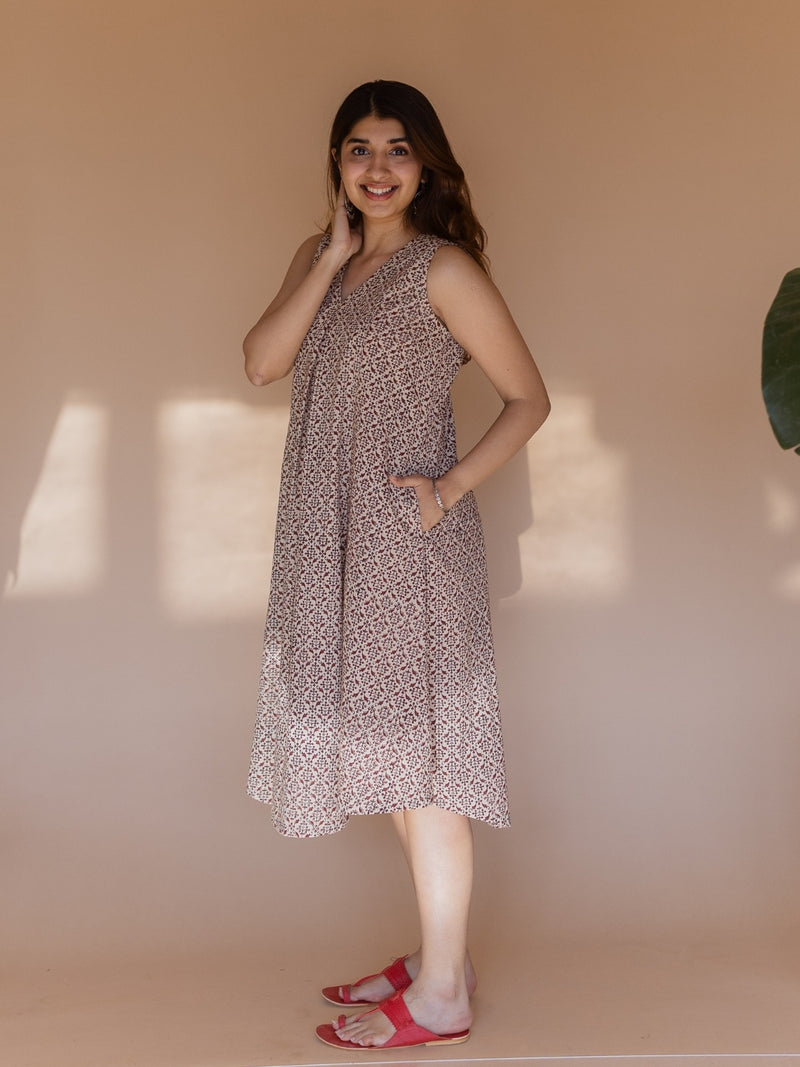 Vamika Off White Bagru Cotton A Line Dress