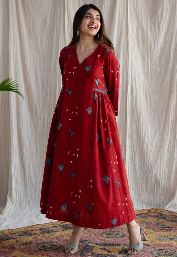 Amdavad Patang Ajrakh Red Cotton Hand Embroidered Dress