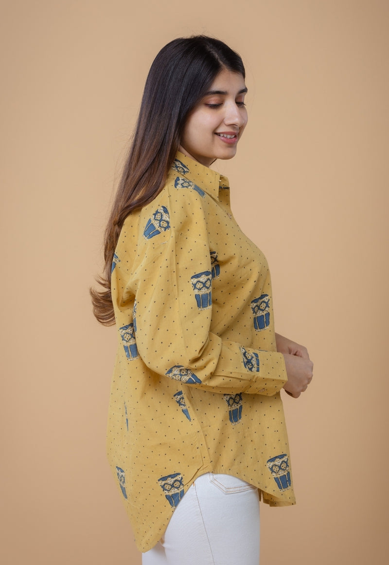 Ruhi Yellow Ajrakh Cotton Straight Short Top