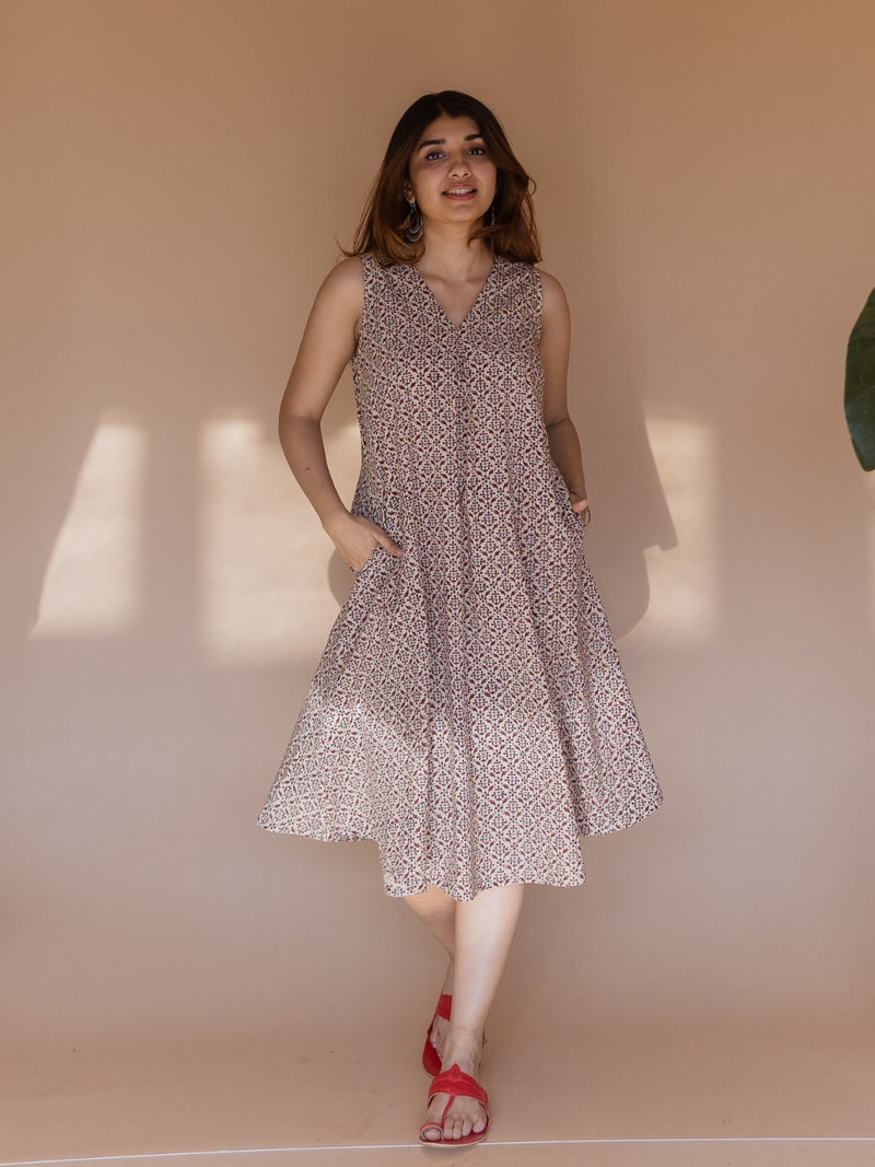 Vamika Off White Bagru Cotton A Line Dress