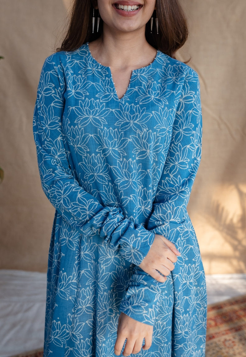 Kaya Blue Kali Dabu Slub Cotton Kurta with Hand Embroidery