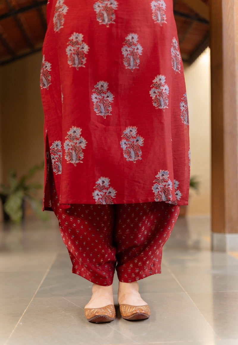 Aarohi Madder Ajrakh Chanderi Silk Straight Kurta with Hand Embroidery