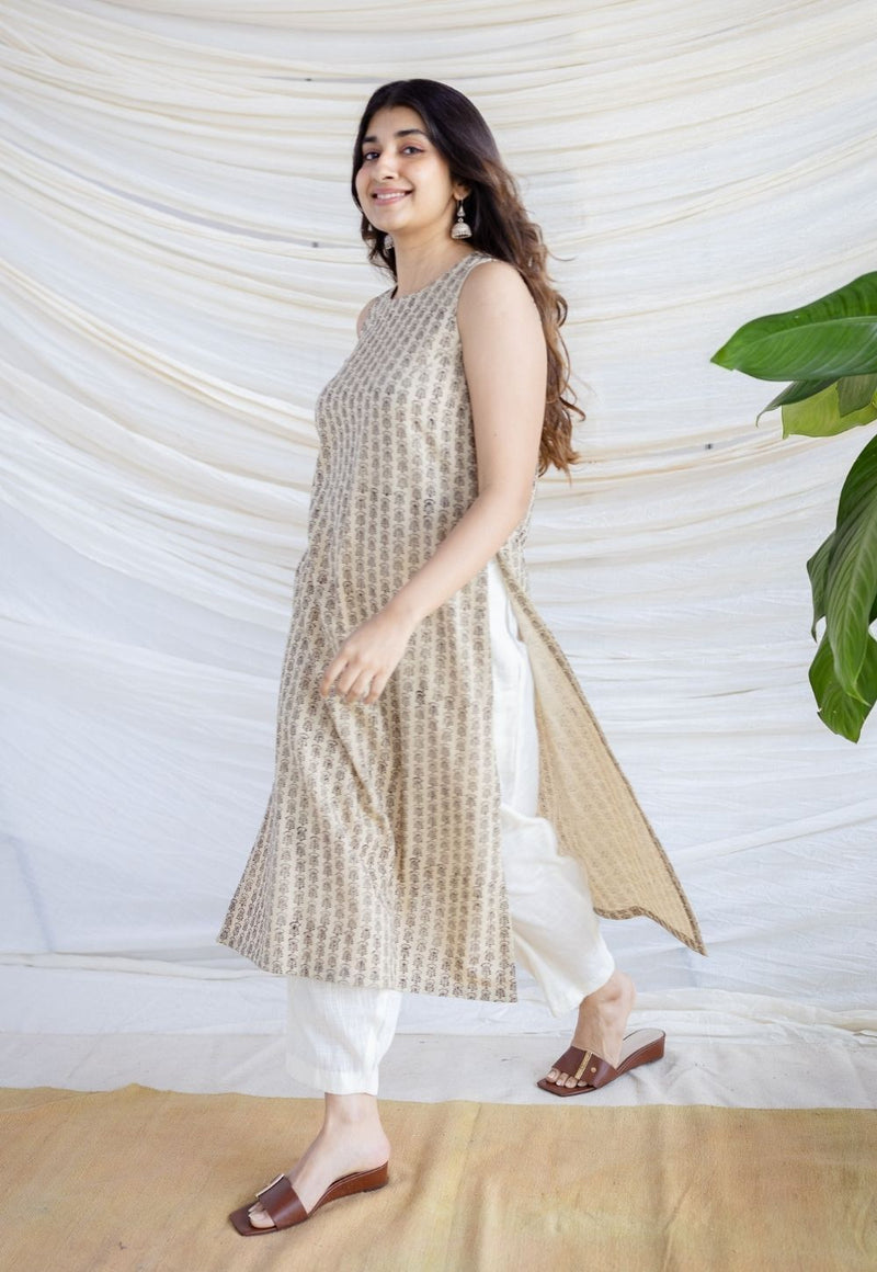 Lia Beige Bagru Handwoven Cotton Straight Kurta