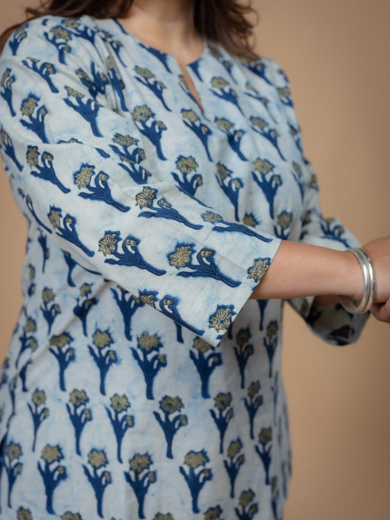 Navya Blue Ajrakh Cotton Straight Short Top