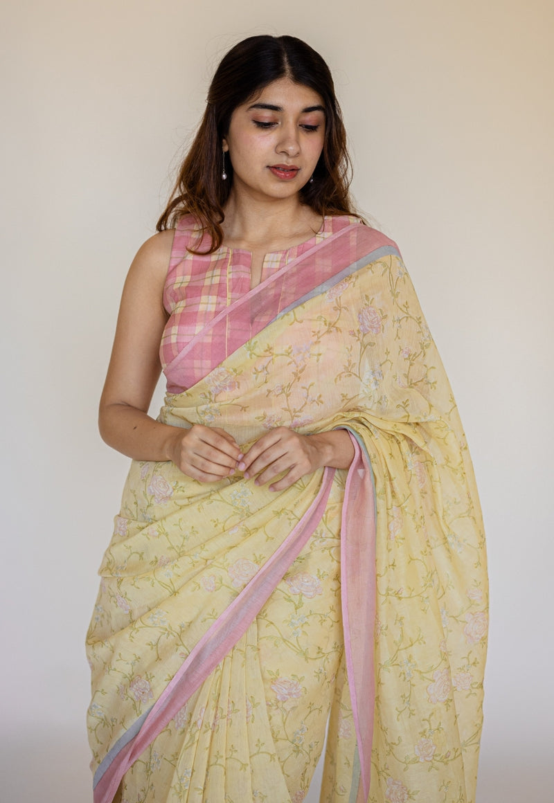 Yellow Sanganeri Hand Block Print Chanderi Silk Saree