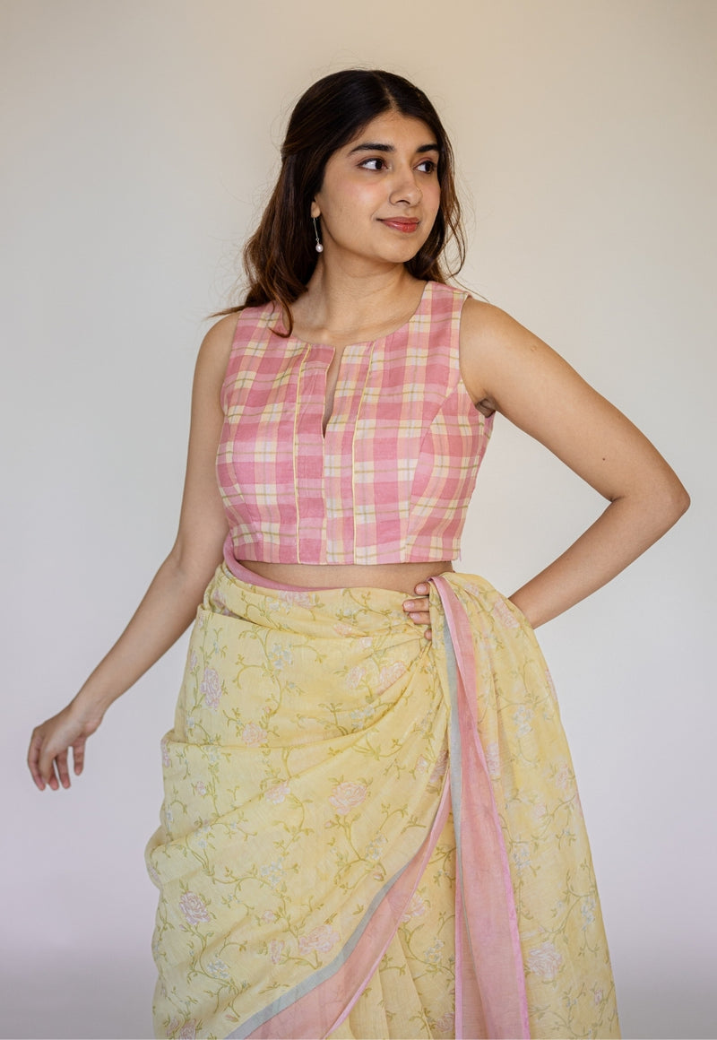 Yellow Sanganeri Hand Block Print Chanderi Silk Saree