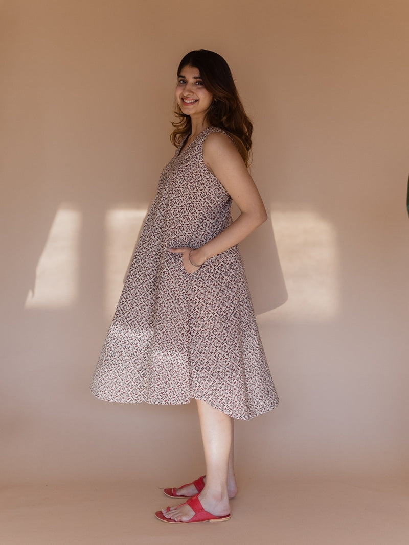 Vamika Off White Bagru Cotton A Line Dress