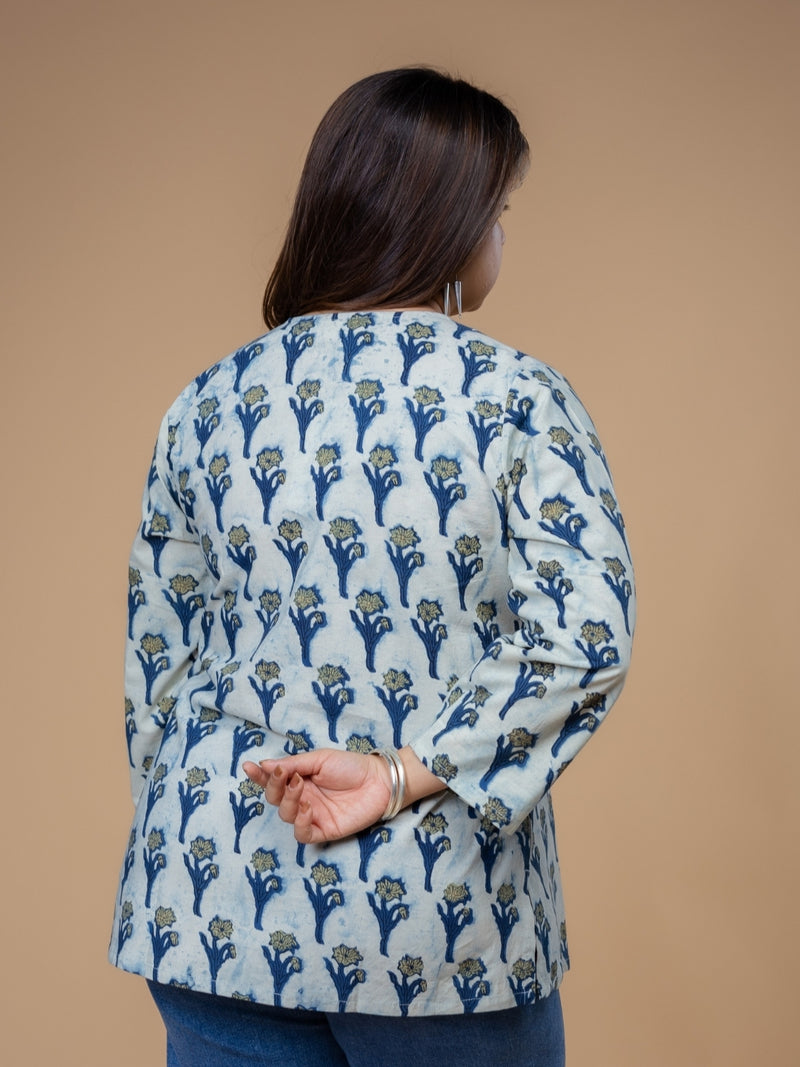 Navya Blue Ajrakh Cotton Straight Short Top